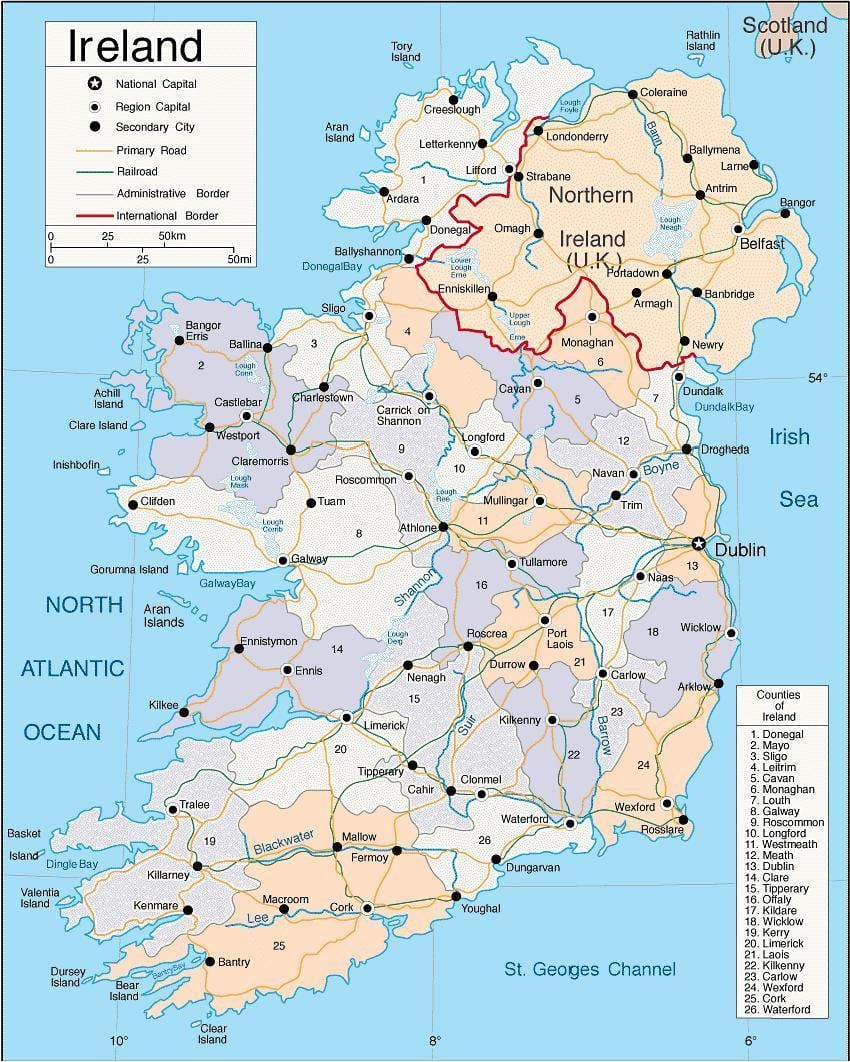harta județului de irlanda cu orașe