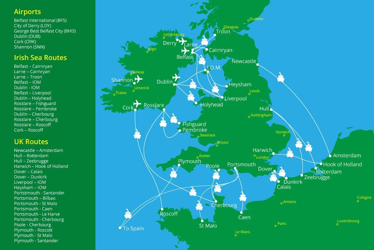 harta de la porturile de feribot din irlanda